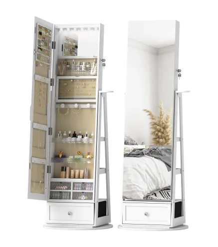 Espejo Joyero con Luces LED Armario Joyero con Espejo Entero Giratorio de 360° Cajón Cerradura Blanco