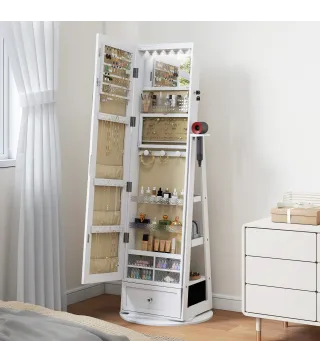 Espejo Joyero con Luces LED Armario Joyero con Espejo Entero Giratorio de 360° Cajón Cerradura Blanco