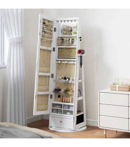 Espejo Joyero con Luces LED Armario Joyero con Espejo Entero Giratorio de 360° Cajón Cerradura Blanco