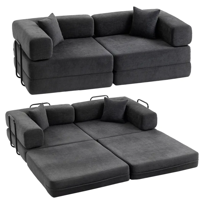 Sofá Cama de 2 Plazas Plegable Tapizado en Chenilla con Acolchado Grueso Reposabrazos Anchos 2 Almohadas Gris Oscuro