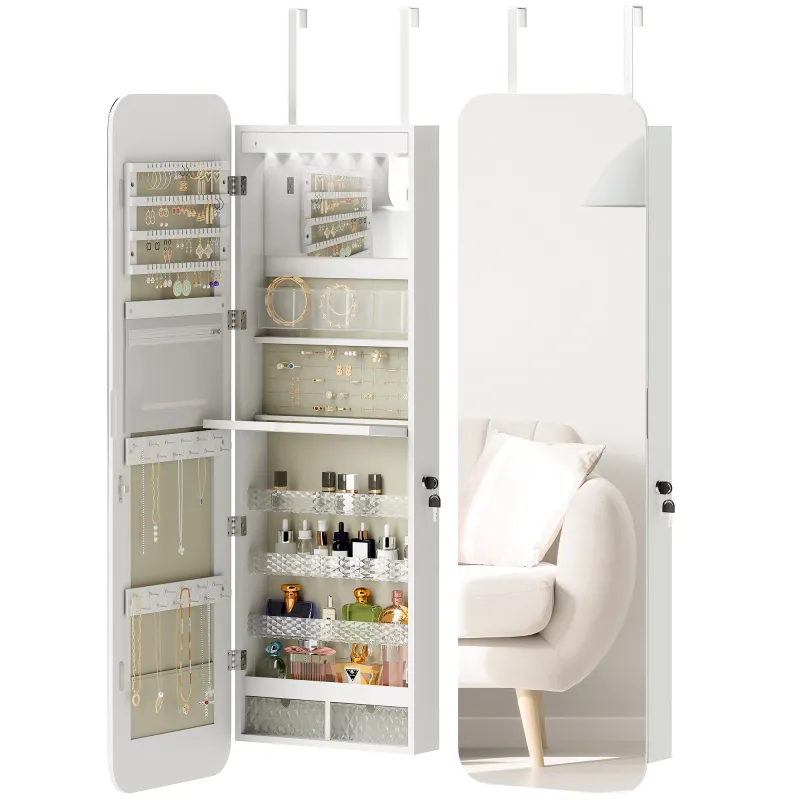 Espejo Joyero con Luz LED Montado en la Pared o en la Puerta con Cerradura Espejo Entero 2 Cajones Blanco