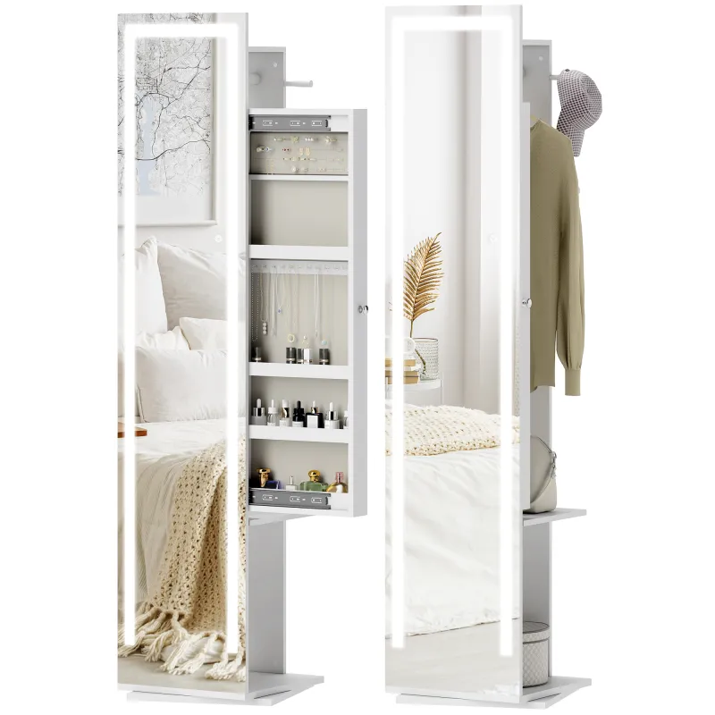 Espejo Joyero con Luces LED Espejo Entero Giratorio de 360° Estantes Abiertos Barras para Colgar Blanco