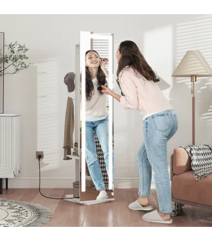 Espejo Joyero con Luces LED Espejo Entero Giratorio de 360° Estantes Abiertos Barras para Colgar Blanco