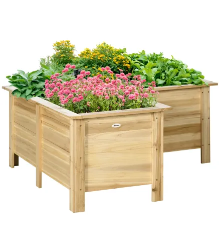 Jardinera Elevada de Madera Macetero Exterior en Forma de L con Tela no Tejido Huerto Urbano 120x120x50 cm Natural