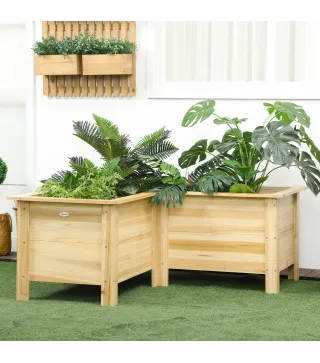 Jardinera Elevada de Madera Macetero Exterior en Forma de L con Tela no Tejido Huerto Urbano 120x120x50 cm Natural