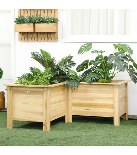 Jardinera Elevada de Madera Macetero Exterior en Forma de L con Tela no Tejido Huerto Urbano 120x120x50 cm Natural