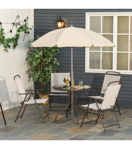 Conjunto de Muebles para Jardín con 4 Sillas 1 Mesa y 1 Parasol Texteline Aluminio y Poliéster Beige