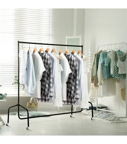 Burro para Ropa con Ruedas Perchero Burro para Ropa Metálico para Entrada Pasillo Dormitorio 150x60x170 cm Negro