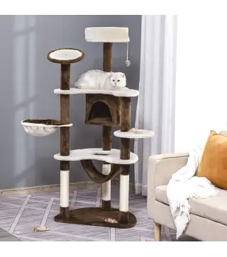 Torre para Gatos Grande 65x50x153 cm con Múltiples Plataforma Poste Hamaca Bolas de Juguete y Cueva Marrón