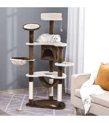 Torre para Gatos Grande 65x50x153 cm con Múltiples Plataforma Poste Hamaca Bolas de Juguete y Cueva Marrón