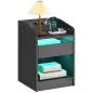 Mesita de Noche con Estación de Carga Luz LED RGB Cajón Estante Abierto Puertos USB y Control Remoto 40x40x58 Cm Negro