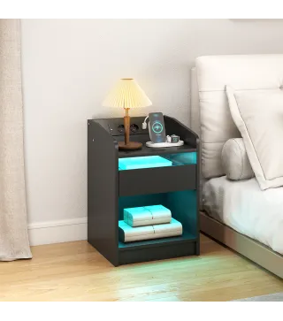 Mesita de Noche con Estación de Carga Luz LED RGB Cajón Estante Abierto Puertos USB y Control Remoto 40x40x58 Cm Negro