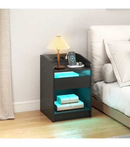 Mesita de Noche con Estación de Carga Luz LED RGB Cajón Estante Abierto Puertos USB y Control Remoto 40x40x58 Cm Negro