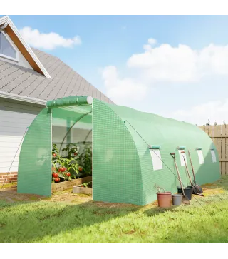 Invernadero de Túnel 6x3x2 m con Puerta Enrollable 8 Ventanas de Malla y Estructura de Acero Galvanizado Verde