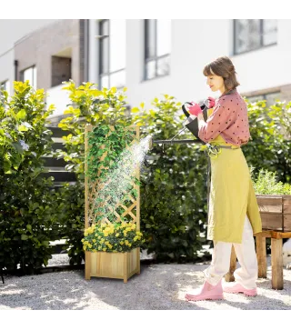 Jardinera con Enrejado de Madera Macetero Exterior para Esquina para Plantas Trepadoras 40x40x145 cm Natural