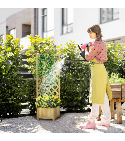 Jardinera con Enrejado de Madera Macetero Exterior para Esquina para Plantas Trepadoras 40x40x145 cm Natural