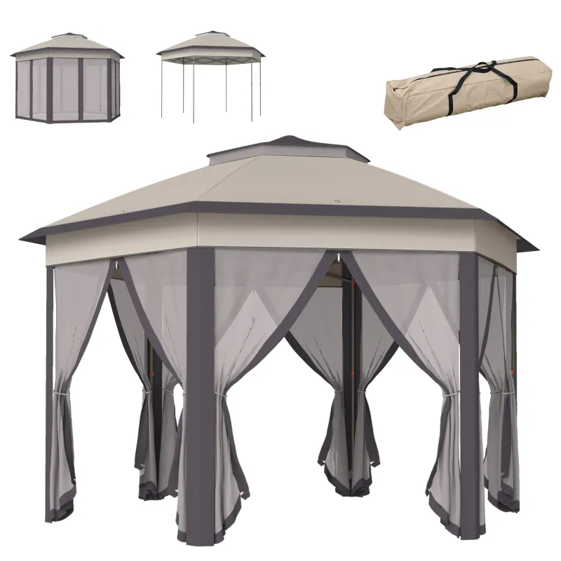 Carpa Plegable 4x3,4 m con Doble Techo 6 Mosquiteras Extraíbles y Bolsa de Transporte Anti-UV Marrón y Beige