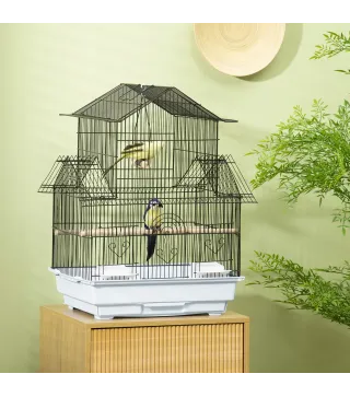 Jaula para Pájaros de Acero Pajarera con Bandeja Extraíble y 2 Comederos Pinzones Periquitos 50,5x41x63 cm Blanco