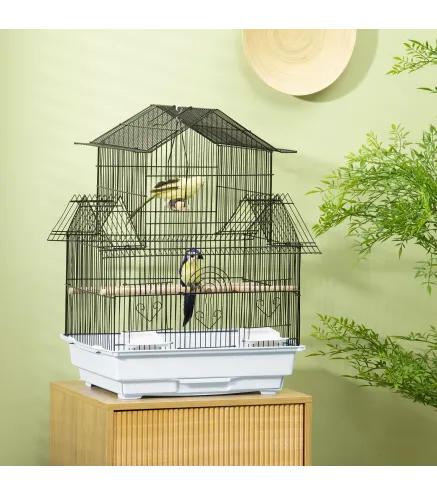 Jaula para Pájaros de Acero Pajarera con Bandeja Extraíble y 2 Comederos Pinzones Periquitos 50,5x41x63 cm Blanco