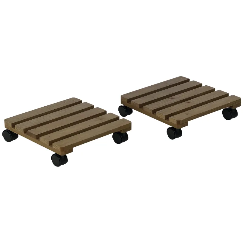 Pack de 2 Plataformas con Ruedas de Madera Soportes para Plantas Macetas Exterior Interior Carga 50 kg Marrón Oscuro