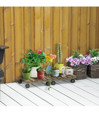 Pack de 2 Plataformas con Ruedas de Madera Soportes para Plantas Macetas Exterior Interior Carga 50 kg Marrón Oscuro