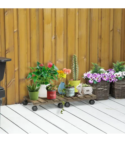 Pack de 2 Plataformas con Ruedas de Madera Soportes para Plantas Macetas Exterior Interior Carga 50 kg Marrón Oscuro