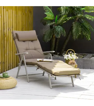 Tumbona Plegable de Jardín con Respaldo Ajustable en 7 Posiciones Cojín Cuerpo Entero y Cabeza 137x63,5x100,5 cm Marrón