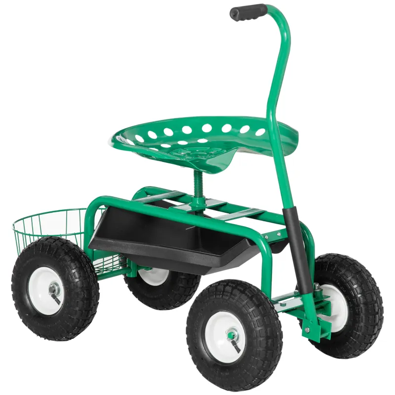 Asiento de Jardín con Ruedas Asiento Giratorio y Ajustable en Altura Bandeja de Herramientas Cesta para Exterior Verde