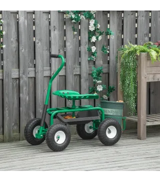 Asiento de Jardín con Ruedas Asiento Giratorio y Ajustable en Altura Bandeja de Herramientas Cesta para Exterior Verde