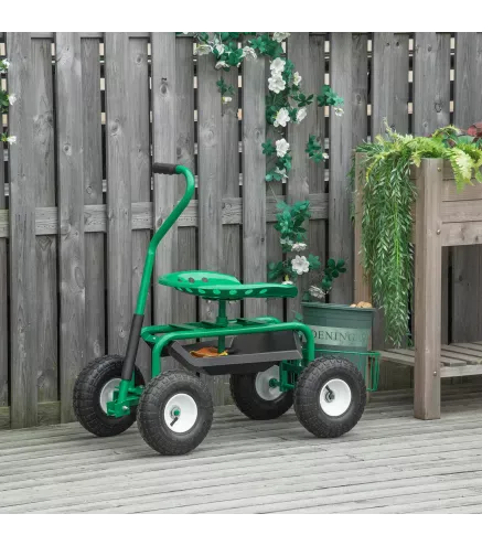 Asiento de Jardín con Ruedas Asiento Giratorio y Ajustable en Altura Bandeja de Herramientas Cesta para Exterior Verde