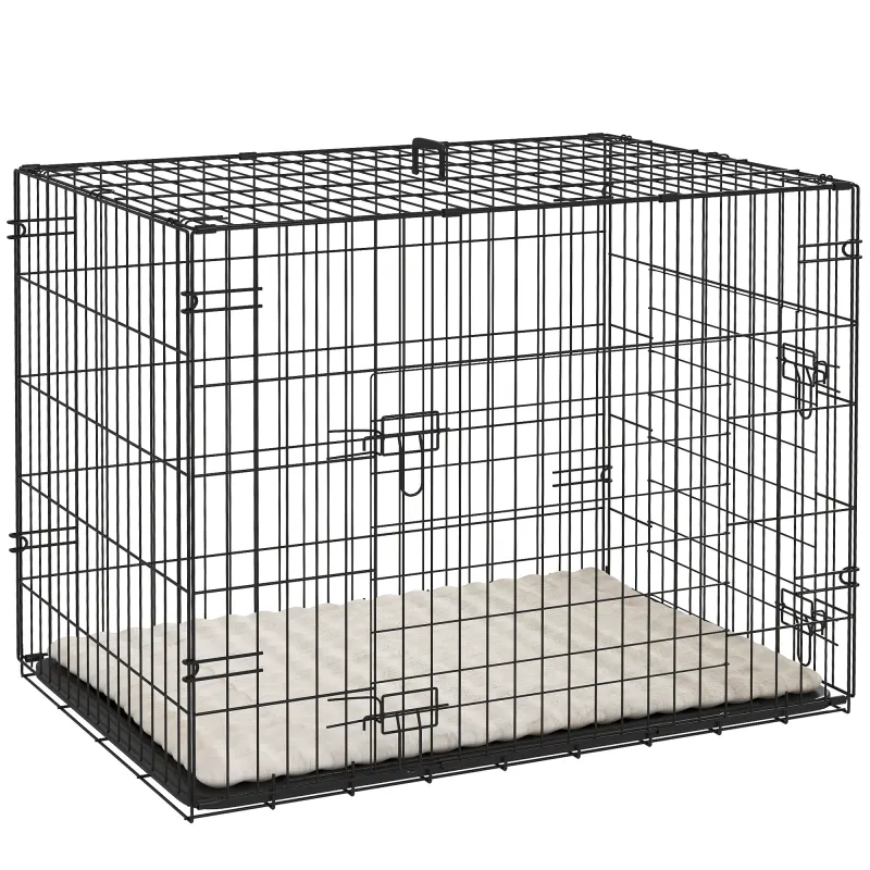 Jaula para Perros Plegable con Cojín Puertas Bandeja Extraíble y Marco de Alambre Metálico 75x48,5x53 cm Negro y Beige Jaula para Perros Plegable con Cojín Puertas Bandeja Extraíble y Marco de Alambre Metálico 75x48,5x53 cm Negro y Beige
