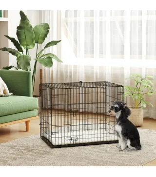 Jaula para Perros Plegable con Cojín Puertas Bandeja Extraíble y Marco de Alambre Metálico 75x48,5x53 cm Negro y Beige