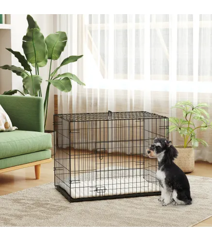 Jaula para Perros Plegable con Cojín Puertas Bandeja Extraíble y Marco de Alambre Metálico 75x48,5x53 cm Negro y Beige