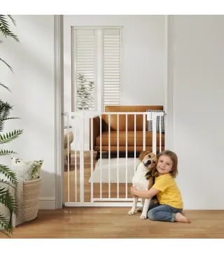Barrera de Seguridad para Niños y Perros Ancho 76-89 cm Bloqueo Doble y Cierre Automático Apertura Dos Sentidos Blanco