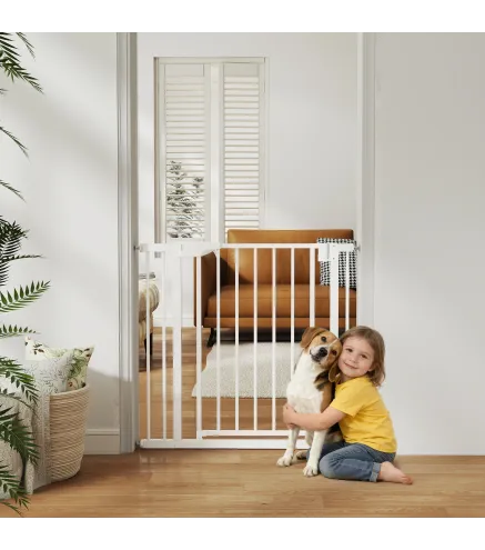 Barrera de Seguridad para Niños y Perros Ancho 76-89 cm Bloqueo Doble y Cierre Automático Apertura Dos Sentidos Blanco