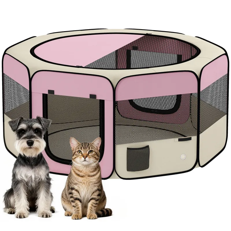 Parque Plegable para Perros y Gatos Corralito Portátil para Animales Pequeños Impermeable de Tela Oxford Ø120x58cm Rosa