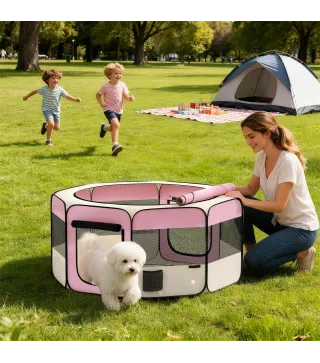 Parque Plegable para Perros y Gatos Corralito Portátil para Animales Pequeños Impermeable de Tela Oxford Ø120x58cm Rosa