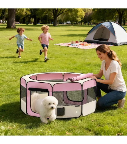 Parque Plegable para Perros y Gatos Corralito Portátil para Animales Pequeños Impermeable de Tela Oxford Ø120x58cm Rosa