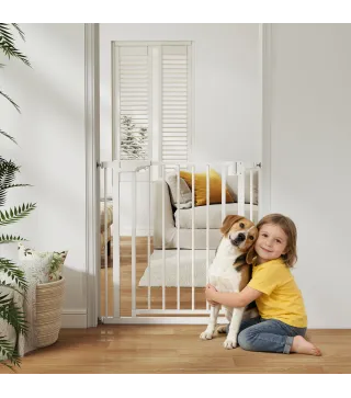 Barrera de Seguridad para Niños y Perros Ancho 76-82 cm Bloqueo Doble y Cierre Automático Apertura Dos Sentidos Blanco
