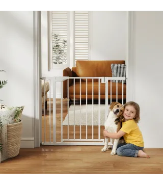 Barrera de Seguridad para Niños y Perros Ancho 76-103 cm Bloqueo Doble y Cierre Automático Apertura Dos Sentidos Blanco