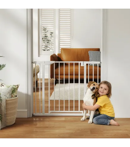 Barrera de Seguridad para Niños y Perros Ancho 76-103 cm Bloqueo Doble y Cierre Automático Apertura Dos Sentidos Blanco