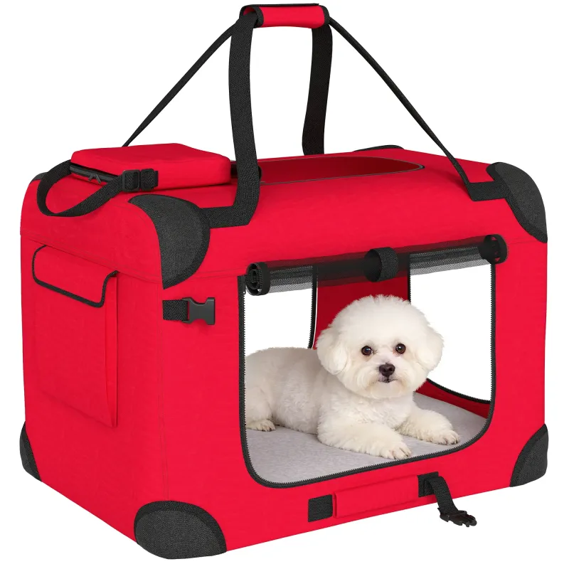 Transportín para Perros Plegable 60x41,5x41 cm con Ventanas de Malla Cojín Suave y 2 Asas para Mini Perros y Gatos Rojo