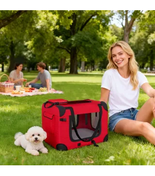 Transportín para Perros Plegable 60x41,5x41 cm con Ventanas de Malla Cojín Suave y 2 Asas para Mini Perros y Gatos Rojo