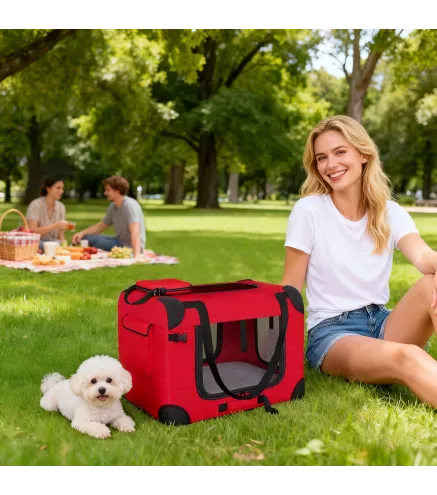 Transportín para Perros Plegable 60x41,5x41 cm con Ventanas de Malla Cojín Suave y 2 Asas para Mini Perros y Gatos Rojo
