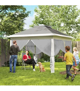 Carpa Plegable 3,3x3,3 m Pop-up Altura Ajustable Doble Techo Mosquiteras Extraíbles y Bolsa de Transporte Anti-UV Gris