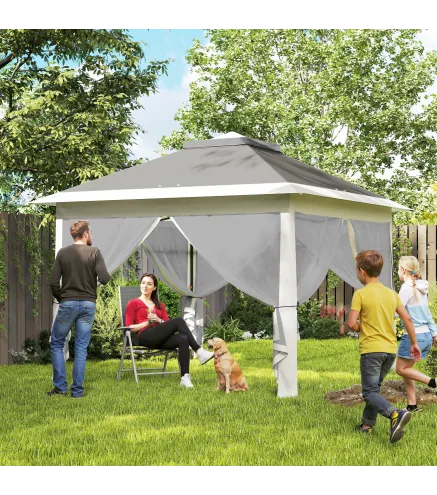 Carpa Plegable 3,3x3,3 m Pop-up Altura Ajustable Doble Techo Mosquiteras Extraíbles y Bolsa de Transporte Anti-UV Gris