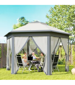 Carpa Plegable 4x3,4 m con Doble Techo 6 Mosquiteras Extraíbles y Bolsa de Transporte Anti-UV Gris