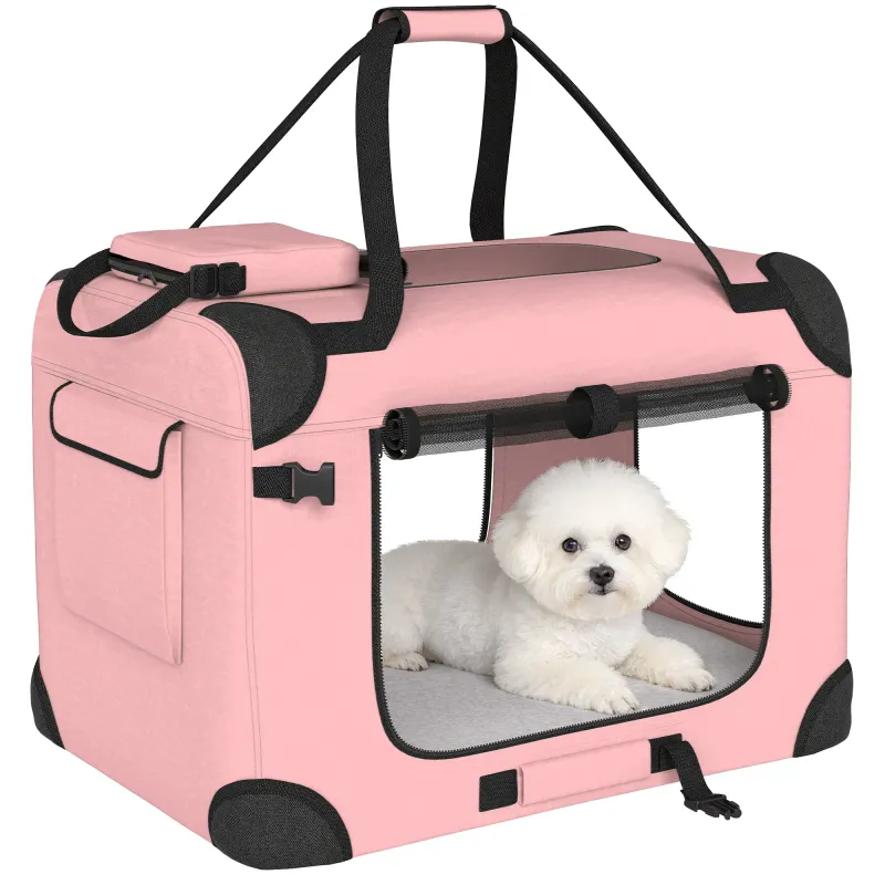 Transportín para Perros Plegable 60x41,5x41 cm con Ventanas de Malla Cojín Suave y 2 Asas para Mini Perros y Gatos Rosa