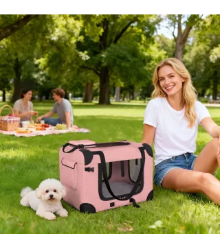 Transportín para Perros Plegable 60x41,5x41 cm con Ventanas de Malla Cojín Suave y 2 Asas para Mini Perros y Gatos Rosa