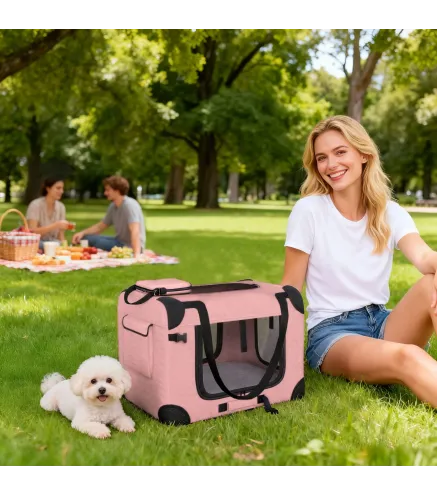 Transportín para Perros Plegable 60x41,5x41 cm con Ventanas de Malla Cojín Suave y 2 Asas para Mini Perros y Gatos Rosa